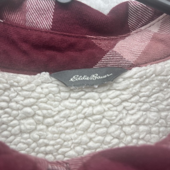 Eddie Bauer Shirt Womens Medium Red White Sherpa Lined Plaid Flannel Shacket - Picture 10 of 16